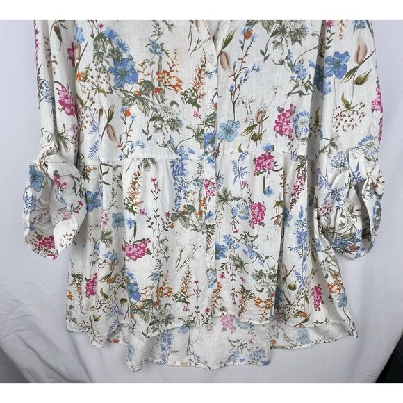 JNY Jones New York Top Womens 3X Linen Blend Floral Button Roll Tab Peasant Boho - Picture 3 of 15
